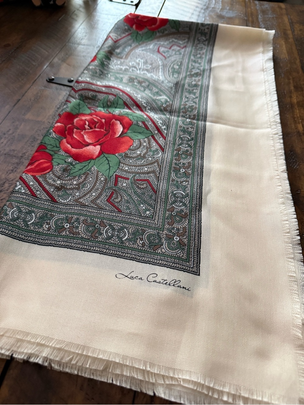 Luca Castellani Cream Floral Paisley Scarf with Red Roses, Black and Green
